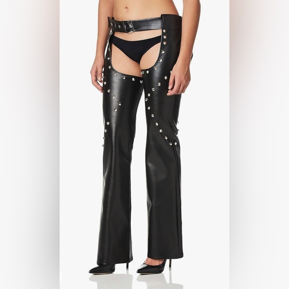 Pants - Black studded faux leather chaps Moto biker cosplay size small medium M
